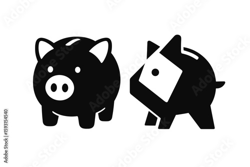 Financial independence symbolized by a piggy bank icon, piggybank with falling coins, baby pig piggy bank, pig silhouette, and money box symbol in flat style  vector