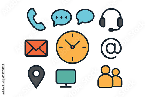 A set of vector line icons is available, including business contact symbols such as phone call, map maker, open email envelope, calendar, call us, call center, support, and gps map location