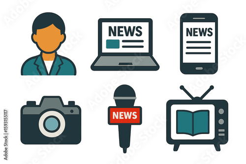 Icons related to mass media: a set of thin vector icons in black and white