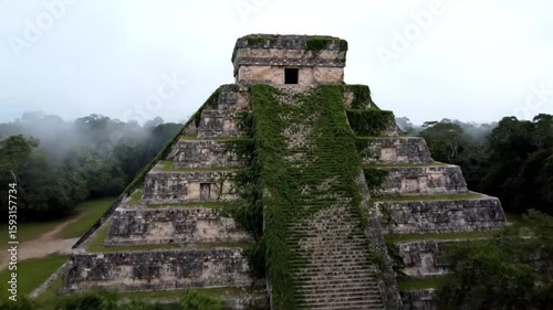 The ancient mayan pyramid of chichen itza stands majestically, covered in green vines and surrounded by a lush jungle