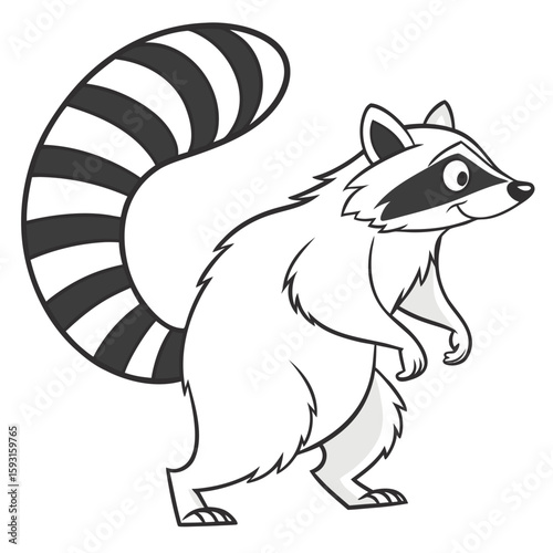 Illustration of a standing raccoon with a striped tail and a black mask on its face looking to the right created with generated ai