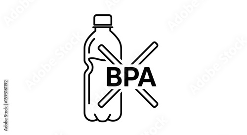 BPA-Free: A minimalist depiction of a plastic bottle with a BPA emblem, crossed out, symbolizing a product free of harmful chemicals.