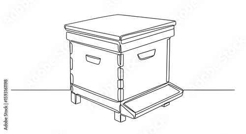 Beehive Line Art: A meticulously crafted line art depiction of a beehive stands in a field, symbolizing nature's harmony and the vital role of bees in our ecosystem.