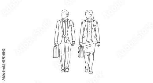 Business Professionals Walking: A streamlined sketch depicts two business professionals, impeccably attired in smart suits, as they confidently stride forward.