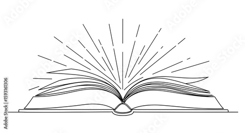 Open Book Illustration: This minimalist monochrome illustration features an open book with pages fanned out, radiating lines symbolizing knowledge and enlightenment, perfect for literary projects.
