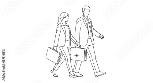 Business Couple's Stroll: An elegant couple, formally attired, walk hand-in-hand with briefcases in a stylish outline, representing partnership and professionalism in the workplace.