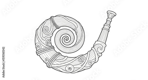 Ancient Conch Shell Illustration: Intricate hand-drawn illustration of an ancient conch shell, showcasing the artistry and craftsmanship of a bygone era.