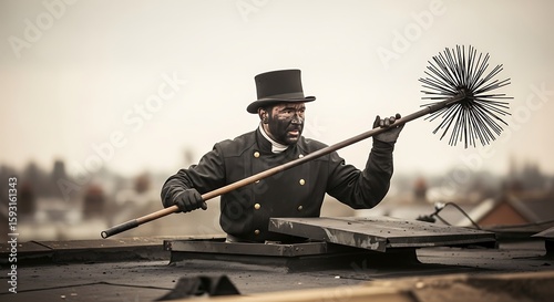 Chimney Sweep Emerging from Rooftop Covered in Soot with Classic Brush