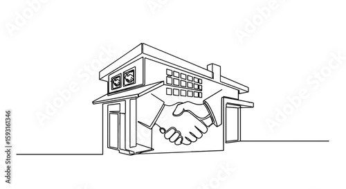 Real Estate Deal: A captivating line art illustration of a house is intertwined with a handshake, representing the agreement of buying or selling a property