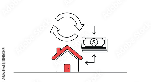 Real Estate Financial Cycle: An illustrative depiction of a house, financial flow, cash turnover, and economic concepts, representing homeownership and investment. 