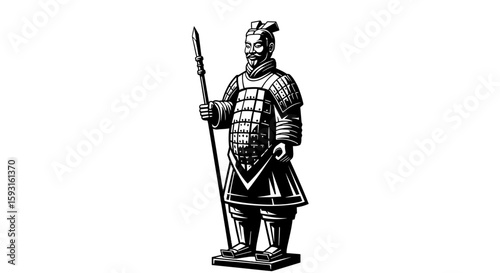 Terracotta Army Warrior: A detailed, hand-drawn image of a solitary terracotta warrior, exuding strength and stoicism, holding a spear. Perfect for historical and cultural projects.