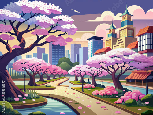 vector of In early spring, plum trees bloom in one of the Japanese cities, which has changed the color of the city.