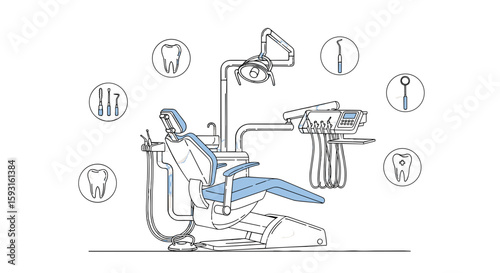 Modern Dental Care Setup: A meticulous illustration of a modern dental chair surrounded by symbolic icons, showcasing the advancements in dental equipment and practices. 