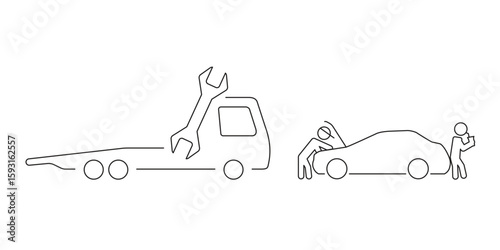 Car breakdown and tow truck — minimal linear illustration