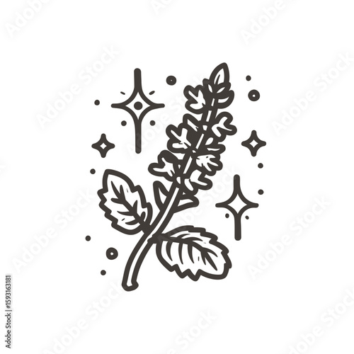 Stylized sprig blooms emits botanical essence with sparkles on white background detail