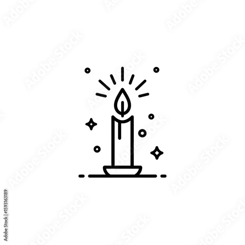 Burning candle emits light in minimalist design celebration context with bright sparks
