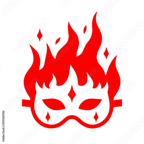 Red mask icon with flames symbolizing mystery and excitement on transparent background