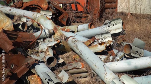 Remains of exploded ammunition, shells of multiple launch rocket systems. Rockets, mines, cartridges, shells, aerial bombs, multiple launch rocket systems that were used during the armed conflict