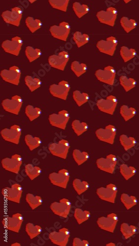 Looping pixelated red hearts on a dark background with subtle VHS-style glitch effects, color fringing, and digital noise. Retro, lo-fi digital aesthetic with nostalgic vibes. Vertical format.