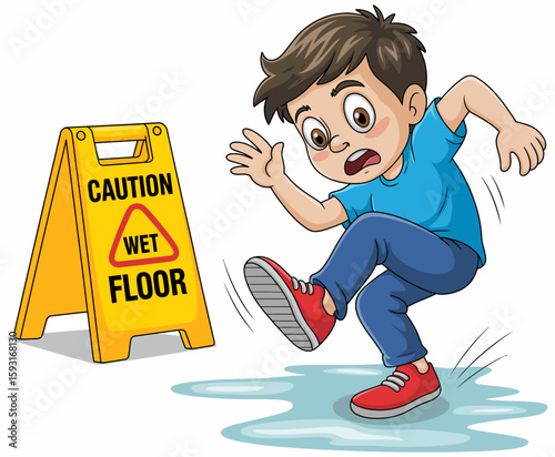 This image depicts a startled child slipping on a wet floor, showcasing the importance of safety precautions in maintaining a safe environment for children to play.