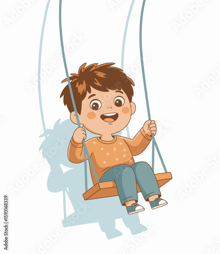 A joyful young boy swings happily in a park, showcasing childhood delight and carefree moments, surrounded by a whimsical and playful atmosphere of outdoor play.