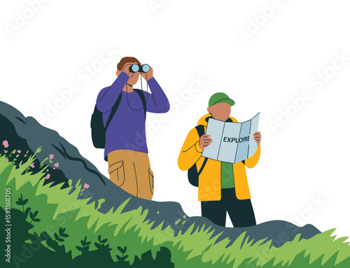 Two adventurous explorers with binoculars and a map, ready to embark on a journey, emphasizing exploration, curiosity, and the joy of discovering new places together.