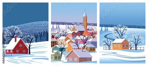 Vector Set of 3 winter season landscapes. Farm village houses and small town under snow in the first plan, and forest under snow in the background. Handmade drawing vector illustration.	