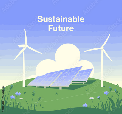 An illustration showcasing wind turbines and solar panels, symbolizing the pursuit of a sustainable future through renewable energy sources and environmental consciousness.