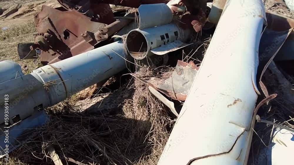 Remains of exploded ammunition, shells of multiple launch rocket ...