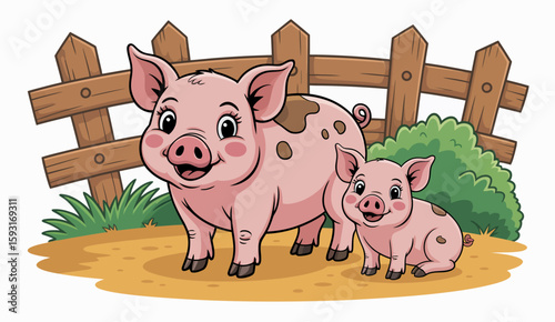 This colorful cartoon image features a cheerful pig and her playful piglet standing happily on a farm, illustrating the joys of country life and animal companionship.