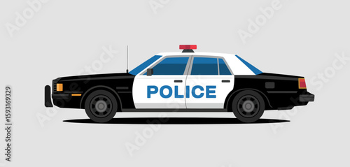 A sleek and stylish black and white police car with a bright red light on top stands ready, showcasing the modern design of law enforcement vehicles in a minimalistic style.