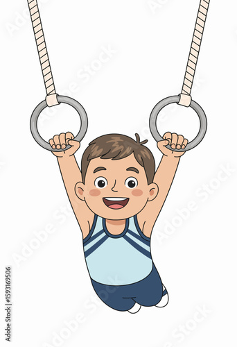 This cheerful illustration features a young boy hanging from gymnastic rings with a big smile, symbolizing fun, playfulness, and the joy of childhood activities.