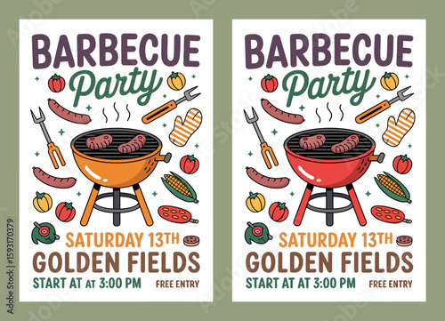 A colorful barbecue party flyer featuring a grill, sausages, and fresh vegetables, inviting all to enjoy delicious food and a fun gathering with family and friends.