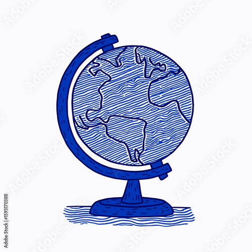 Blue illustration of a globe on a stand with textured lines  
