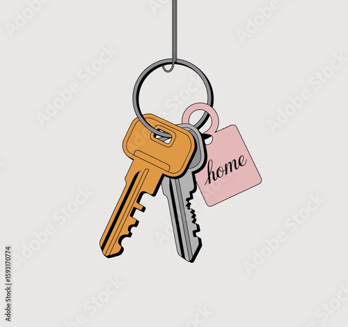 A close-up of home keys attached to a keychain, symbolizing safety and belonging, conveying a sense of security and home, ideal for property-related designs.