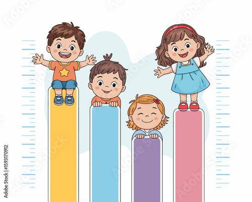 Four cheerful children are playfully measuring their heights on colorful growth bars, celebrating their growth milestones with joy and enthusiasm, representing childhood progress.