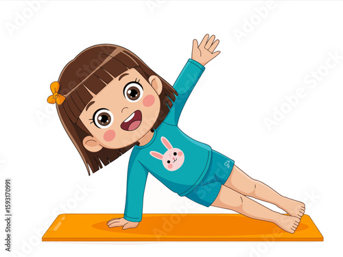 A joyful girl performing a yoga side plank, radiating happiness while promoting fitness and mindfulness with a playful approach to physical activity.