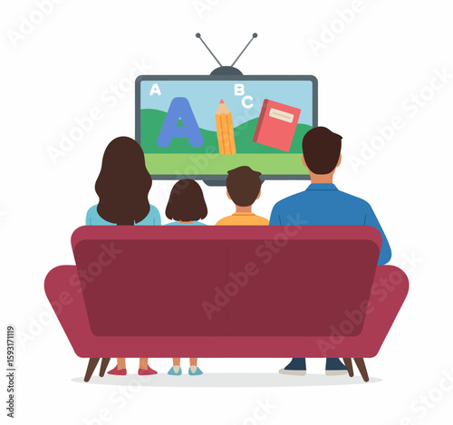 A happy family gathered on a couch watching an educational TV program, promoting togetherness, learning, and family bonding in a cozy living room setting.