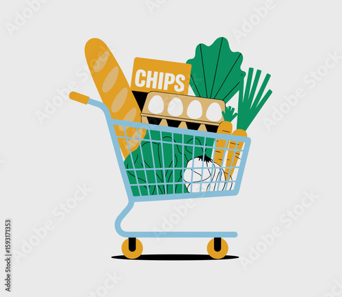 This colorful illustration features a shopping cart brimming with fresh groceries, representing convenience and healthy eating choices in everyday life and shopping activities.