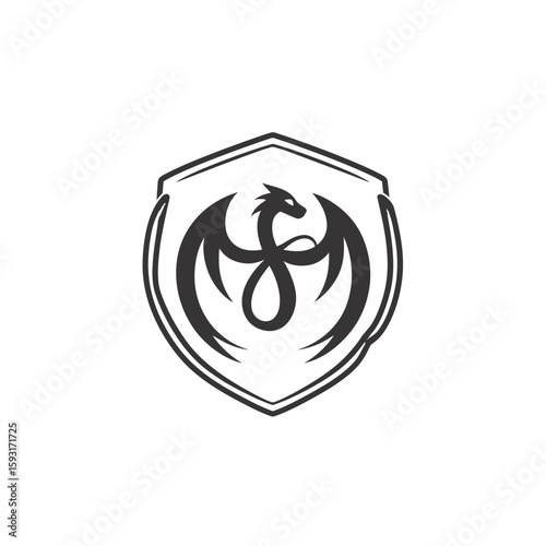 Stylized dragon emblem guards within shield flat design symbol