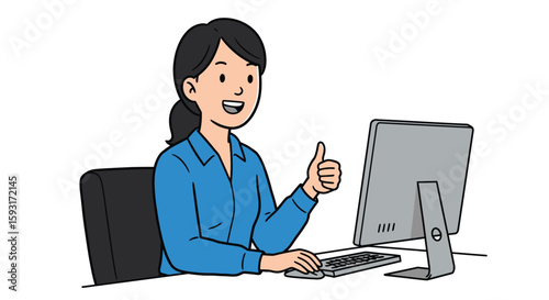 Smiling Woman Working on Computer with Thumbs Up Gesture