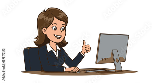 Smiling Woman Working on Computer with Thumbs Up Gesture