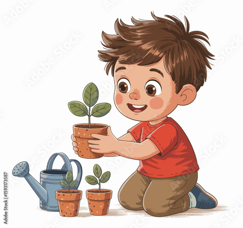 A joyful boy carefully holds a small potted plant, demonstrating the joy of gardening and nurturing life. This captivating moment reflects connection with nature and growth.