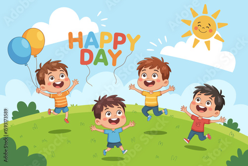 This vibrant scene shows four cheerful kids jumping excitedly outdoors, symbolizing joy, freedom, and the essence of childhood during a bright sunny day.