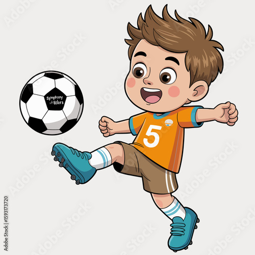 An energetic young boy joyfully kicks a soccer ball, immersed in play. The image captures the enthusiasm of youth and the spirit of sports and outdoor activities.