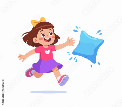A spirited young girl, bursting with joy, as she playfully tosses a blue pillow, capturing the excitement and aura of childhood fun and carefree moments in a delightful setting.
