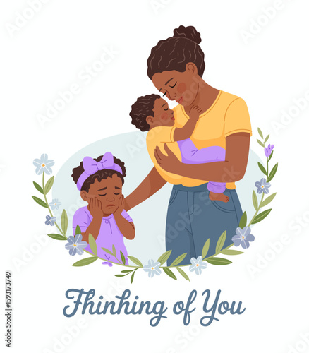 A caring mother lovingly comforts her two daughters in a tender moment, symbolizing support and empathy, capturing a serene and emotional familial bond.