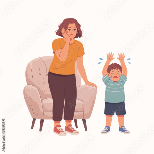 A worried mother stands beside her crying child, showcasing the emotional bond between parents and children during challenging moments. Their expressions reflect concern and care.