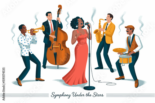 A lively jazz band captures the essence of music under the stars, featuring talented artists playing instruments passionately, creating a vibrant atmosphere of joy and celebration.