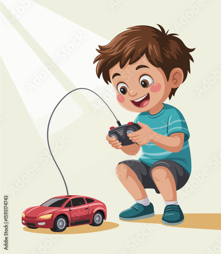 A happy boy enjoying playtime with a red remote-controlled car, engaged in an exciting moment of interaction that reflects childhood joy and creativity.